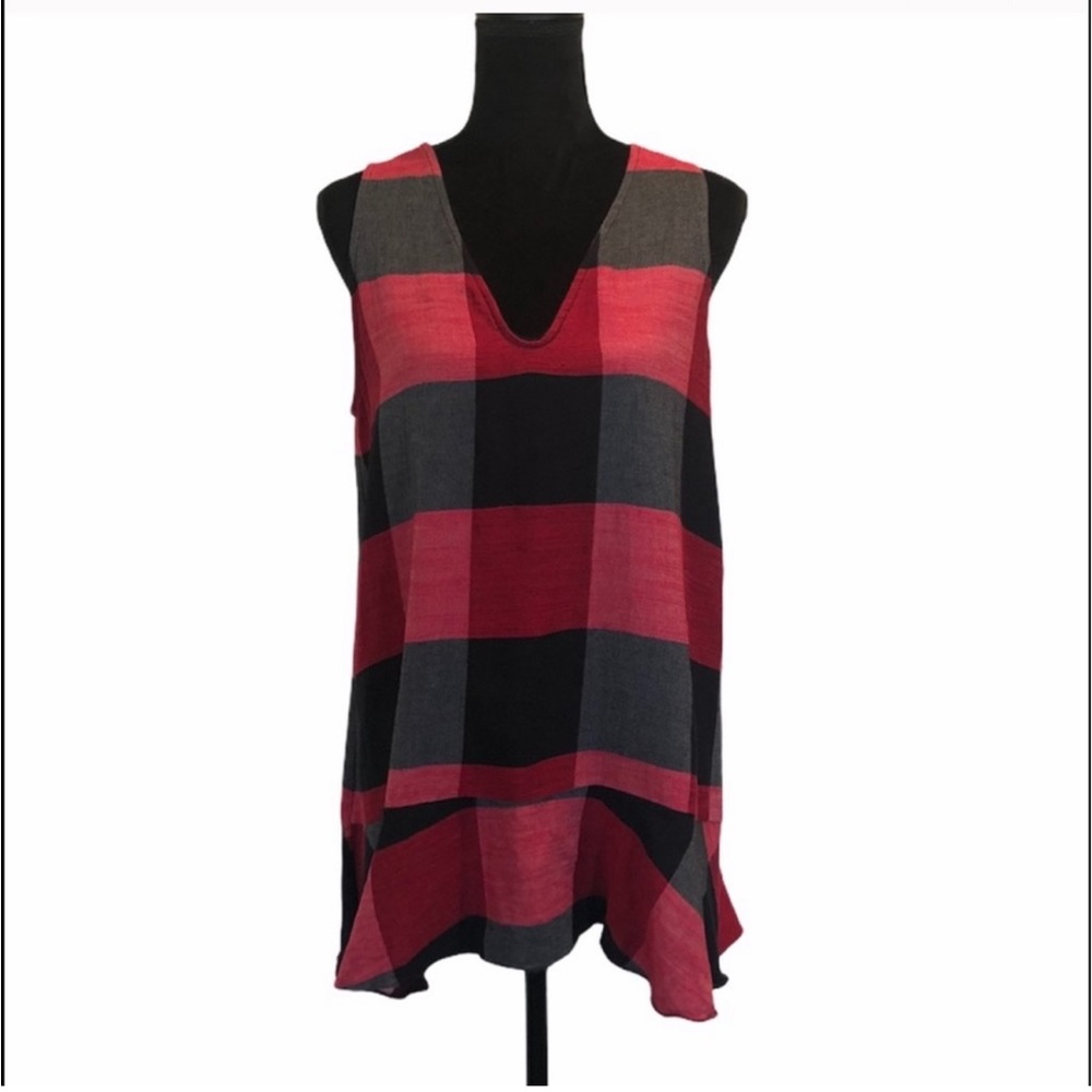 Paola Ermini pullover sleevesless red black plaid pattern peplum top size large